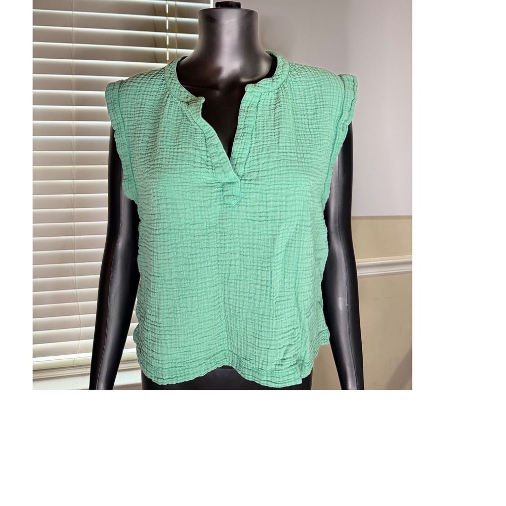 Faherty Green Double Gauze Cotton Sleeveless Split Neck Blouse Top